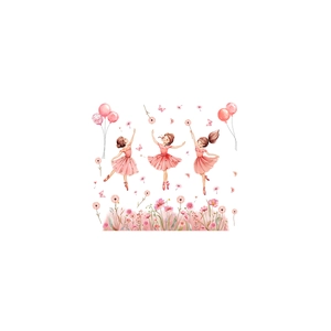Cartoon ballerina wall decals with pink balloons and dandelions for nursery room decoration