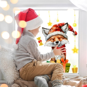 Christmas window stickers with cartoon fox, stars and gifts for home holiday glass decoration