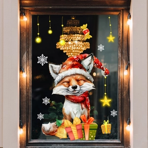 Christmas window decals with cute cartoon fox, snowflakes and festive gift boxes
