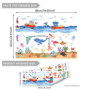 Cartoon ocean world wall decals with whale, lighthouse and ship for nursery room decor