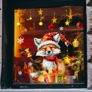 Christmas window decals featuring cute cartoon fox with stars and gift boxes for holiday decor