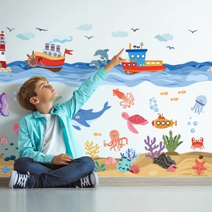 Cartoon Sea Animal Wall Stickers Waterproof PVC Ocean Whale Ship Submarine Decals For Kids Nursery Decor Self Adhesive