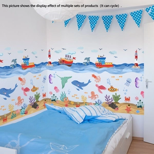 Cartoon ocean animals wall stickers featuring whales and ships for nursery room decor