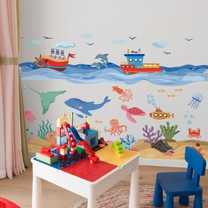 Cartoon ocean world wall decals featuring whales ships and submarines for kids room