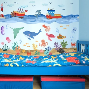 Cartoon ocean world wall decals with whales and ships for kids bedroom decoration