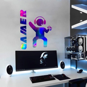 Laser gradient gamer wall decal featuring a stick figure with controller and headset