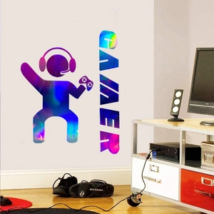 Laser gradient gamer silhouette wall sticker with controller and headset design