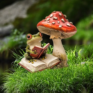 Creative Frog Reading Under Mushroom Garden Stake Yard Decor Flat Waterproof Plastic Outdoor Courtyard Ornament Novelty