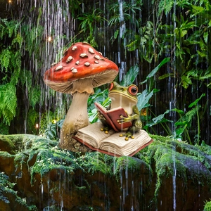 Garden frog reading under mushroom umbrella statue on mossy rock with rain effect