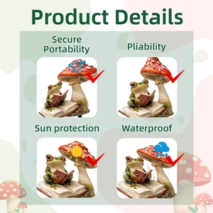 Infographic showing waterproof and sunproof features of frog and mushroom garden stake