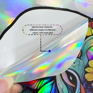 Detail showing the holographic laser material with iridescent color shifts and adhesive backing