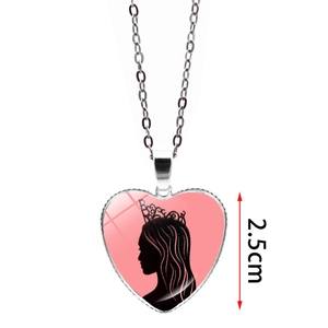 Silver heart pendant necklace with pink crown silhouette design, 2.5cm height