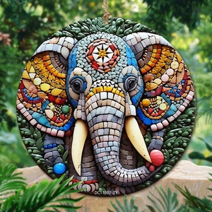 Colorful elephant mosaic garden plaque with hanging rope for outdoor decor
