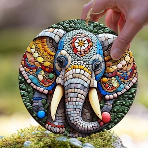 Colorful elephant mosaic round hanging ornament for outdoor garden and patio decor