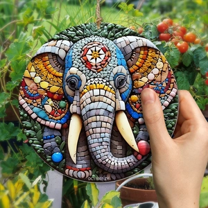 Colorful mosaic elephant garden hanging ornament with rustic hemp rope for outdoor decor