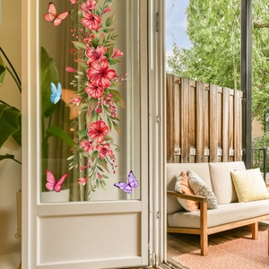 Floral vine window clings with red hibiscus flowers and colorful butterflies for glass decor