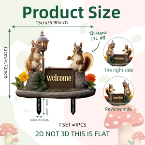 Cute squirrel welcome garden stake with 15x12cm dimensions and 1.32mm thickness