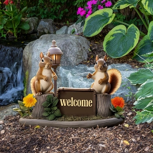 Garden squirrel welcome sign with warm LED street lamp for outdoor yard landscape decor