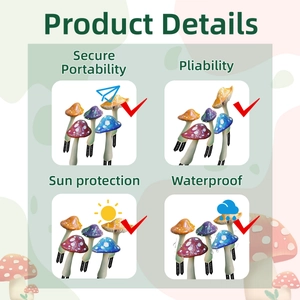 Detail view of colorful mushroom stakes showing waterproof and sun protection features