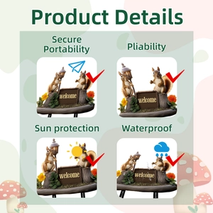 Detail of waterproof squirrel welcome sign with solar street lamp for garden decor