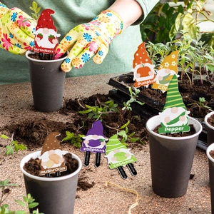 Garden gnome plant markers set featuring vegetable designs for outdoor soil identification