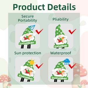 Garden gnome labels showing waterproof, sun protection, and flexible features for decor
