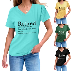 Detail view showing multi-color V-neck T-shirts with Retired definition print