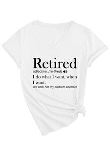 Detail of white V-neck T-shirt showing humorous Retired text print and side knot design