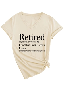 Detail of V-neck beige t-shirt with knotted hem and retired definition slogan print