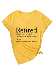 Macro view of yellow V-neck T-shirt showing retired text print and knot detail