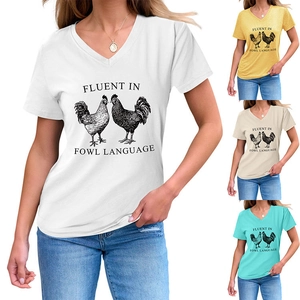 Detail of V-neck women's t-shirts with 'Fluent in Fowl Language' print in four colors