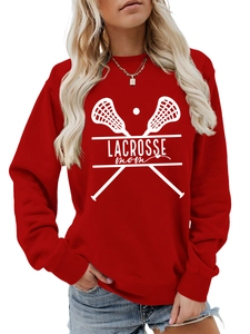 Detail of red crewneck sweatshirt featuring white Lacrosse Mom print and ribbed cuffs