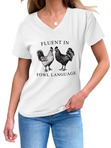 Close-up of the chicken illustration and Fluent In Fowl Language text on a V-neck shirt