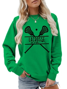 Detail of green Lacrosse Mom sweatshirt showing ribbed crewneck and sports print graphics