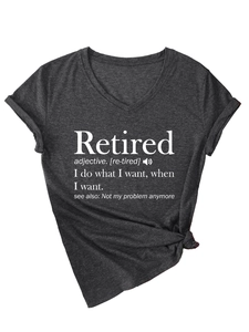 Detail of grey V-neck T-shirt with Retired print and decorative front knot hem