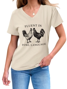 Detailed view of V-neck beige t-shirt with rooster print and funny text logo