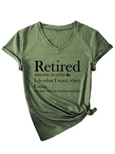 Detail of green V-neck T-shirt showing Retired definition print and soft cotton texture
