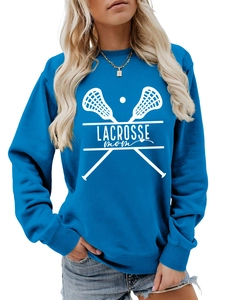 Detail of bright blue Lacrosse Mom sweatshirt showing ribbed cuffs and screen print