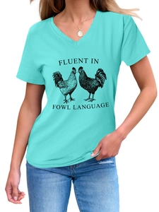 Detail of V-neck turquoise t-shirt featuring a humorous fowl language rooster graphic