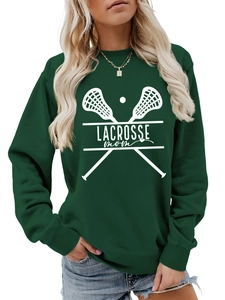 Detail of dark green Lacrosse Mom sweatshirt with white graphic print and ribbed cuffs