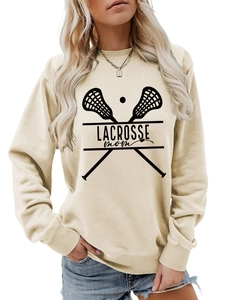 Detailed view of beige Lacrosse Mom sweatshirt showing cotton fabric texture and ribbed cuffs