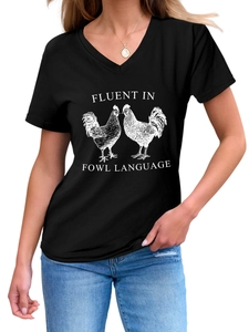 Close-up of black V-neck t-shirt featuring fluent in fowl language rooster graphic
