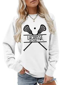 Close-up of white Lacrosse Mom sweatshirt showing the print detail and ribbed cuffs
