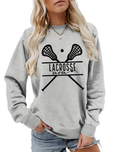 Detail of grey Lacrosse Mom sweatshirt showing the crossed sticks print and ribbed cuffs
