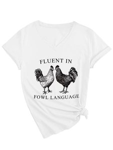 Detail of V-neck white cotton T-shirt featuring fluent in fowl language rooster print