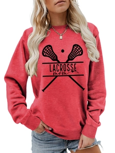 Detail shot of a red long sleeve sweatshirt featuring a black Lacrosse Mom print design