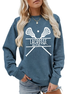 Detail of blue Lacrosse Mom crewneck sweatshirt showing white printed sports graphics