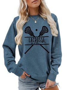 Close-up of Lacrosse Mom print on blue-grey cotton blend crewneck sweatshirt
