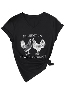 Detail of V-neck black cotton t-shirt featuring fluent in fowl language rooster graphic