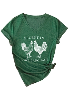 Detail of V-neck dark green t-shirt with rooster print and stylish front knot hem